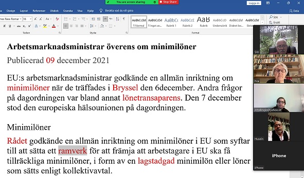 Prata med Eva, Allsång för integration. Torsdag 9 dec. 2021. Tema: EU Arbetsmarknadsministrar överens om minimilöner